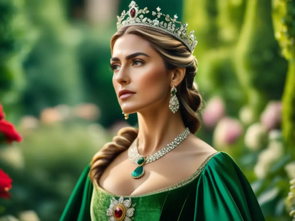 Reina Ana Bolena: Poder y Elegancia en 8k Una imagen 8k detallada de Ana Bolena en un exuberante jardín, vistiendo un espléndido vestido y una corona