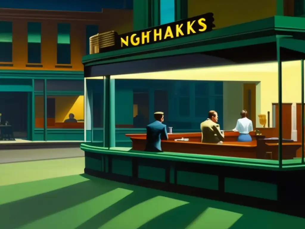 Una imagen detallada de la famosa pintura 'Nighthawks' de Edward Hopper, destacando su realismo y la soledad de la escena nocturna en el restaurante