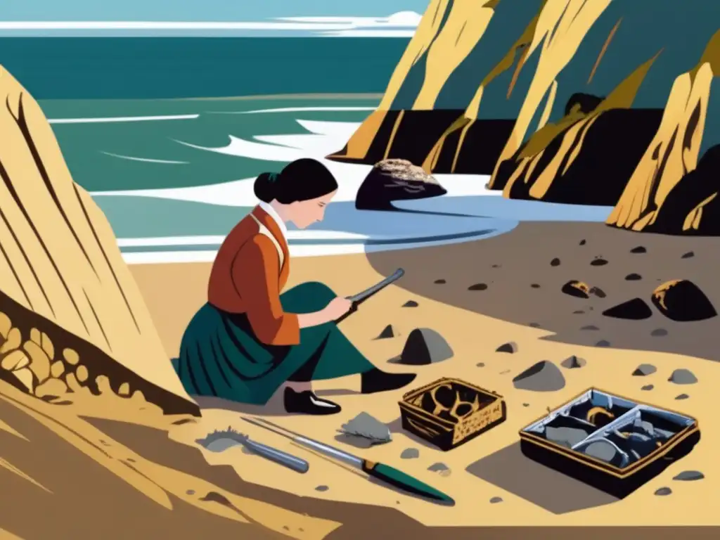 Una imagen detallada de Mary Anning excavando un fósil en los acantilados de la Costa Jurásica, reflejando su pasión por la paleontología