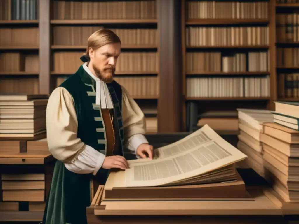 En una imagen detallada, Mikael Agricola trabaja frente a una imprenta, vistiendo atuendo académico del siglo XVI