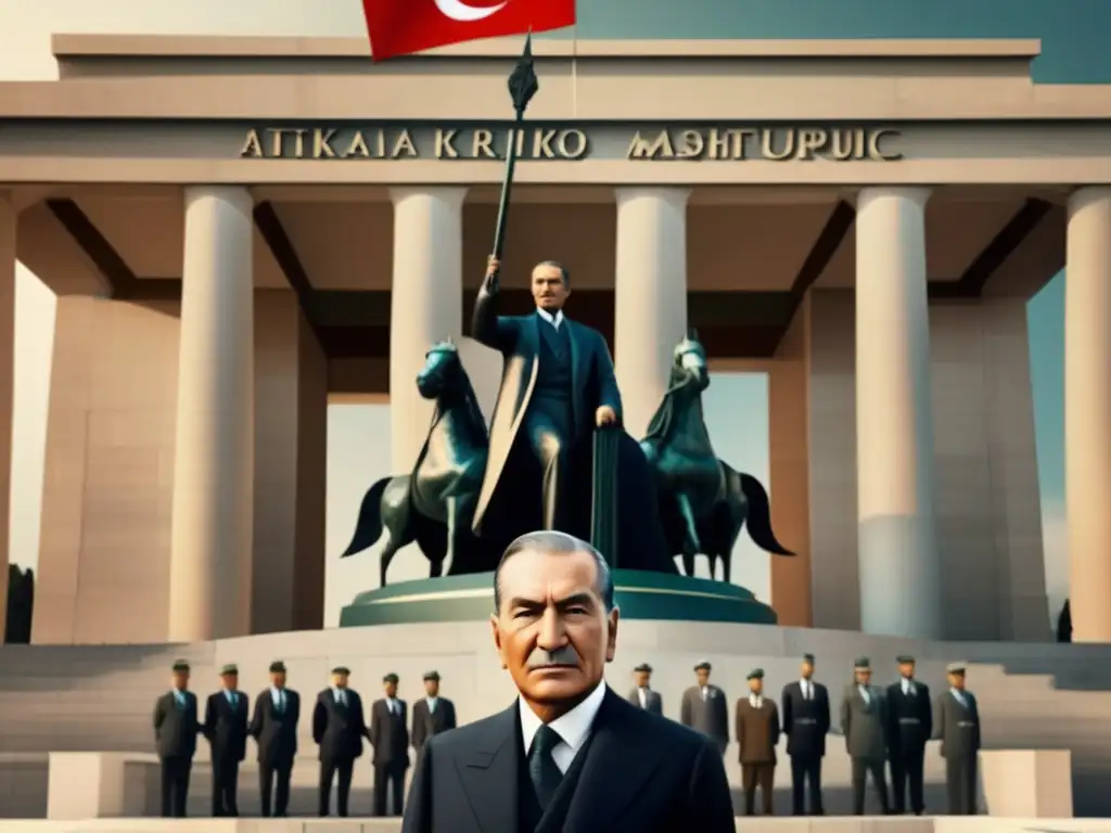 Una imagen detallada de Mustafa Kemal Atatürk frente al Monumento a la República en Ankara, proyectando determinación y liderazgo
