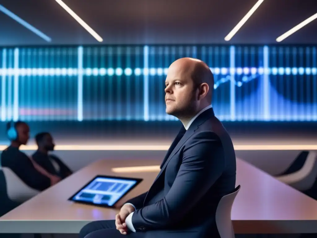 Daniel Ek Spotify: Imagen detallada del fundador en una oficina futurista, rodeado de músicos, pantallas y luz ambiental