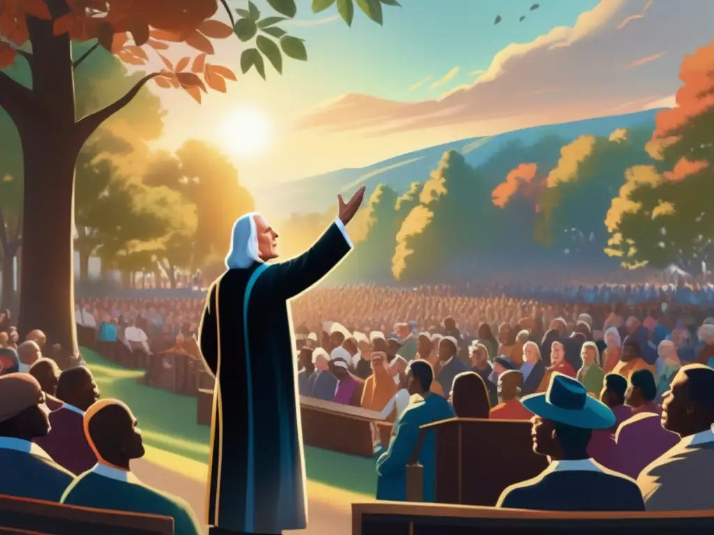 Una imagen detallada en 8k de John Wesley predicando a una gran congregación al aire libre, con expresión apasionada y gestos con las manos