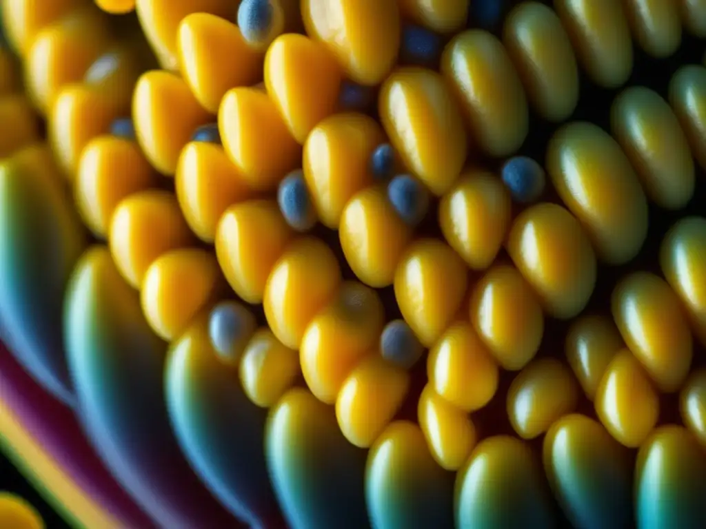 Una imagen detallada de un grano de maíz bajo microscopio, revelando patrones genéticos estudiados por Barbara McClintock