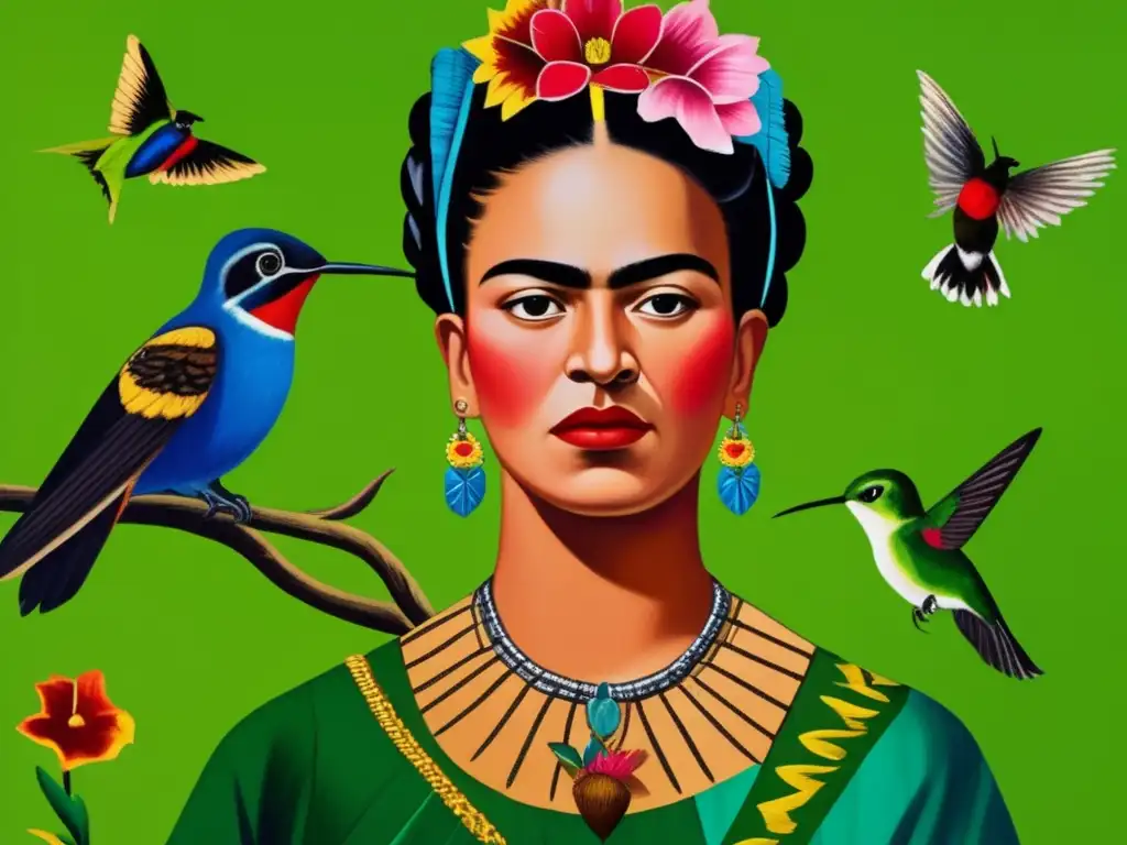 Una imagen detallada del icónico autorretrato de Frida Khalo, 'Autorretrato con Collar de Espinas', muestra sus vibrantes colores y elementos simbólicos, reflejando la vida inquebrantable de la artista