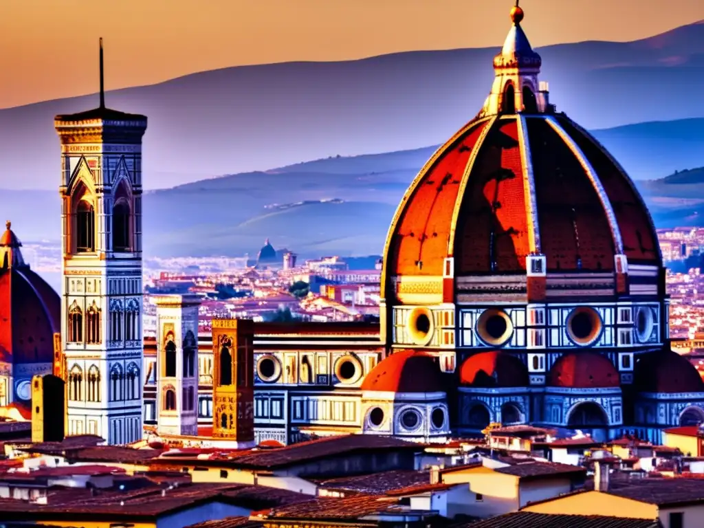 Una imagen detallada del icónico domo de Filippo Brunelleschi en la Catedral de Florencia, destacando la maestría renacentista y el uso revolucionario de la perspectiva en su diseño
