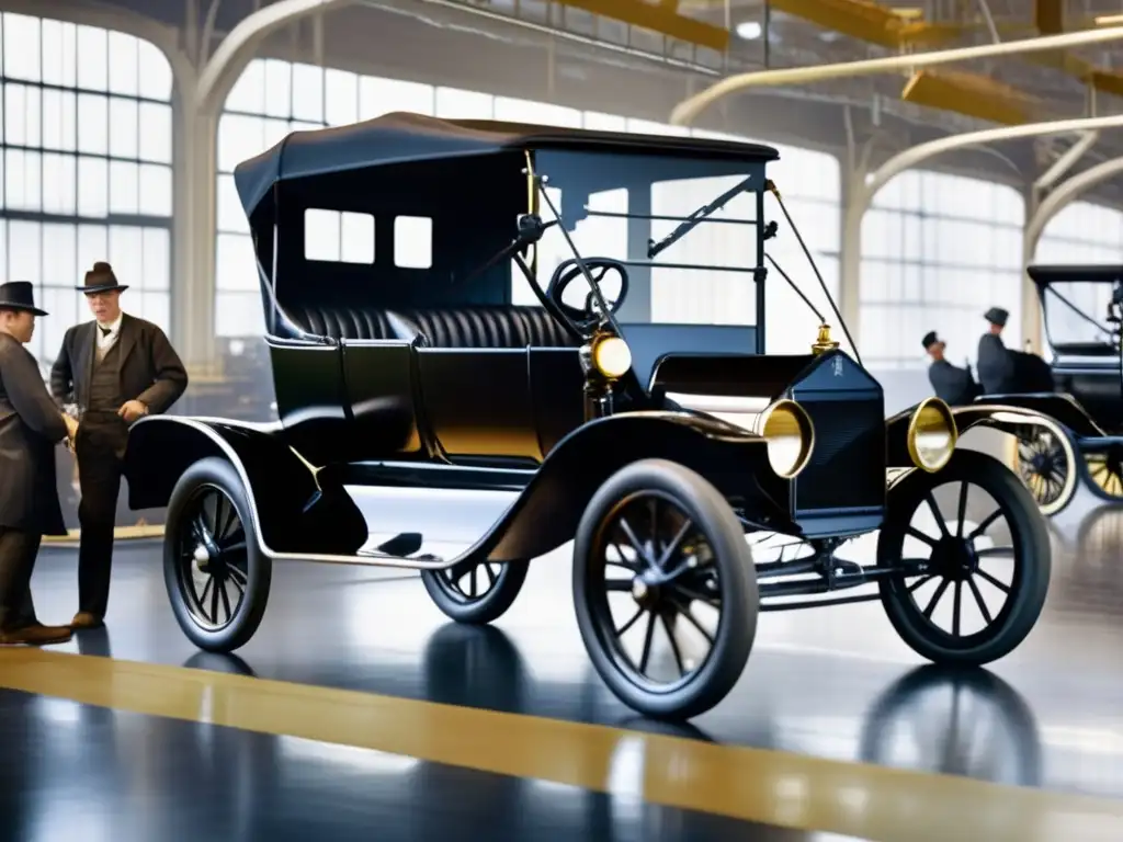 Una imagen detallada muestra el icónico Modelo T de Henry Ford saliendo de la línea de ensamblaje, destacando la revolución automotriz de Ford
