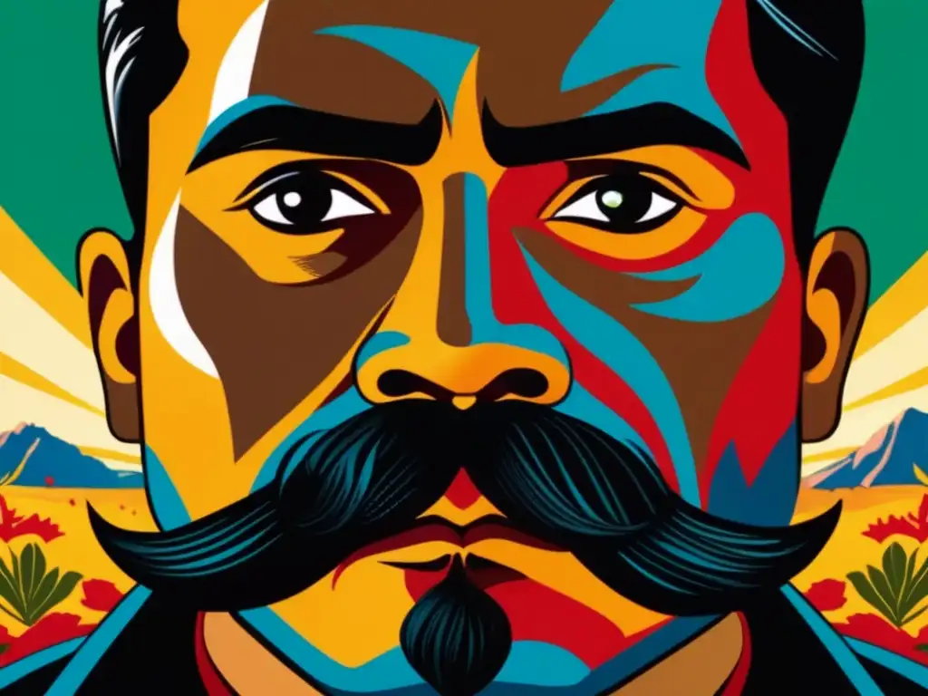 Una imagen detallada de los intensos ojos de Emiliano Zapata, con el paisaje mexicano de fondo