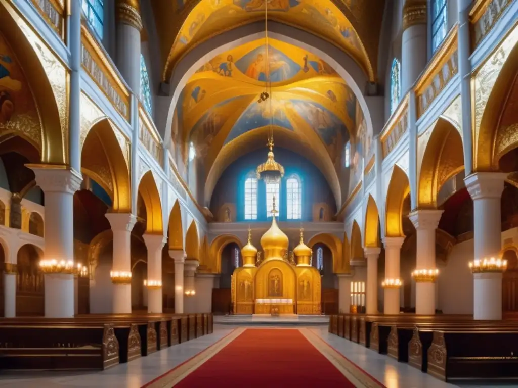 Una imagen detallada en 8k del interior de la Catedral de la Anunciación en el Kremlin de Moscú, mostrando el iconostasio dorado, frescos intrincados y la grandeza del espacio religioso