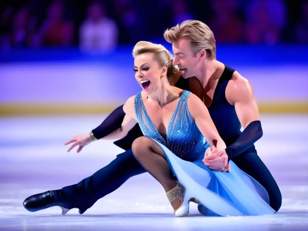 Una imagen detallada muestra a Jayne Torvill y Christopher Dean realizando un impresionante levantamiento en el hielo