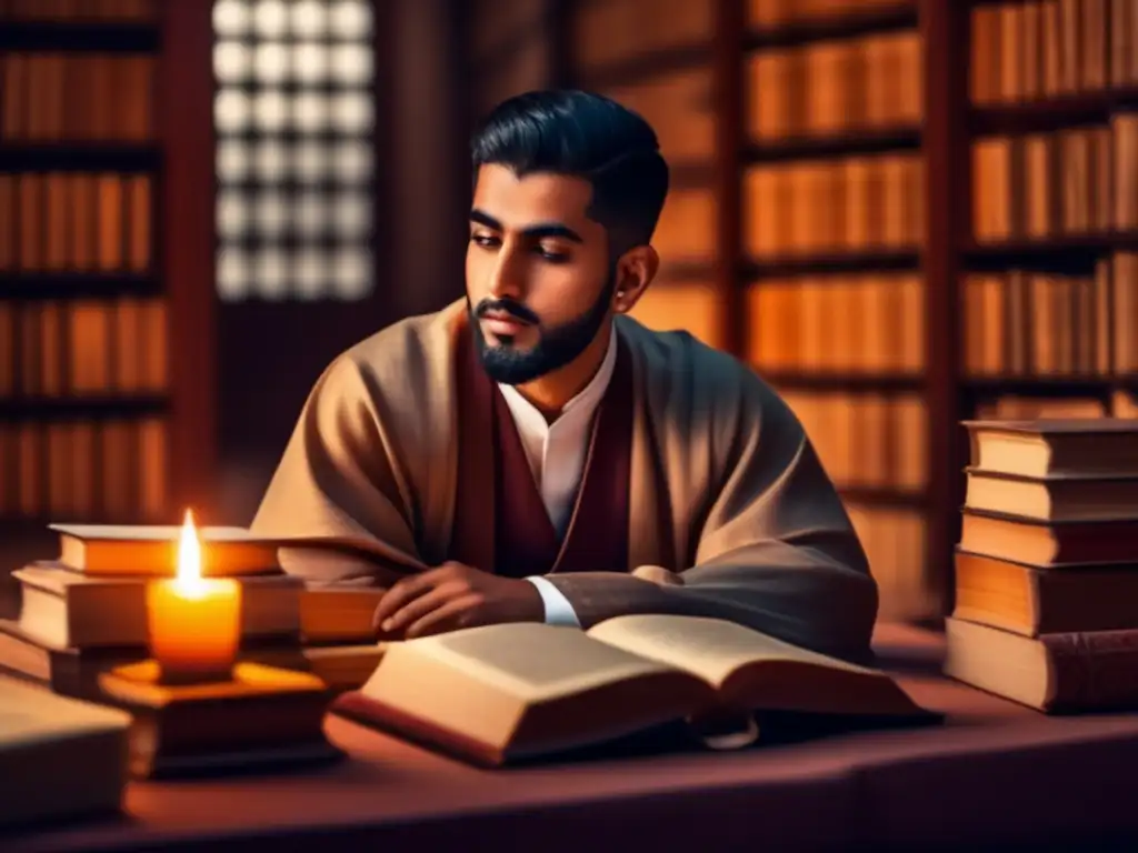 Una imagen 8k detallada de un joven Hasan alBasri en un entorno académico, rodeado de libros y pergaminos