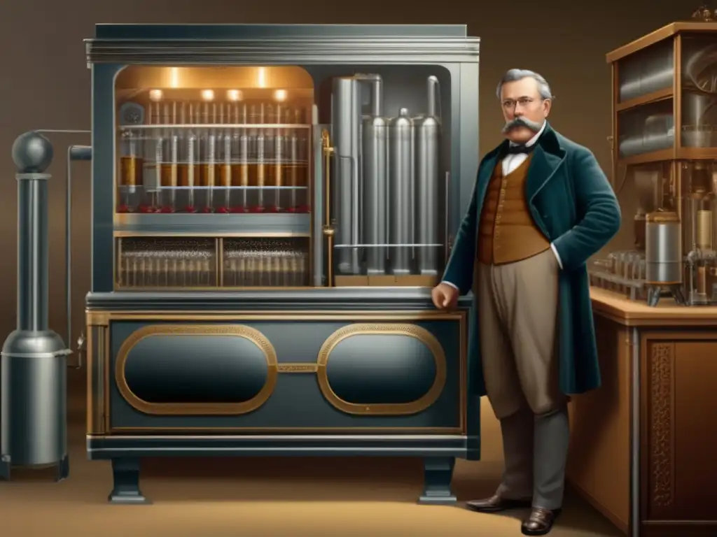 Una imagen detallada de Carl von Linde junto a su primera máquina de refrigeración, exhibiendo la innovación y diseño de su invento