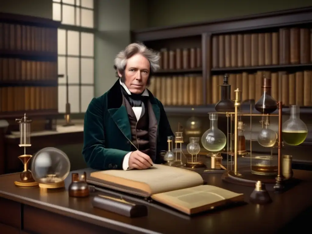 Una imagen detallada del laboratorio de Michael Faraday, con instrumentos científicos, notas manuscritas y una atmósfera de experimentación