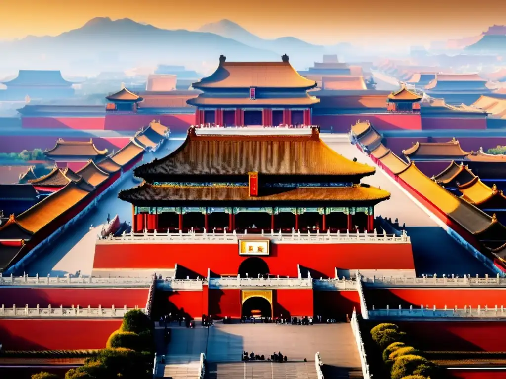 Una imagen detallada de la majestuosa Ciudad Prohibida en Beijing, con sus intrincados diseños arquitectónicos, vibrantes colores rojos y dorados, y la imponente presencia del sitio histórico que refleja la opulencia y significado de la Dinastía Qing, los últimos emperadores de China