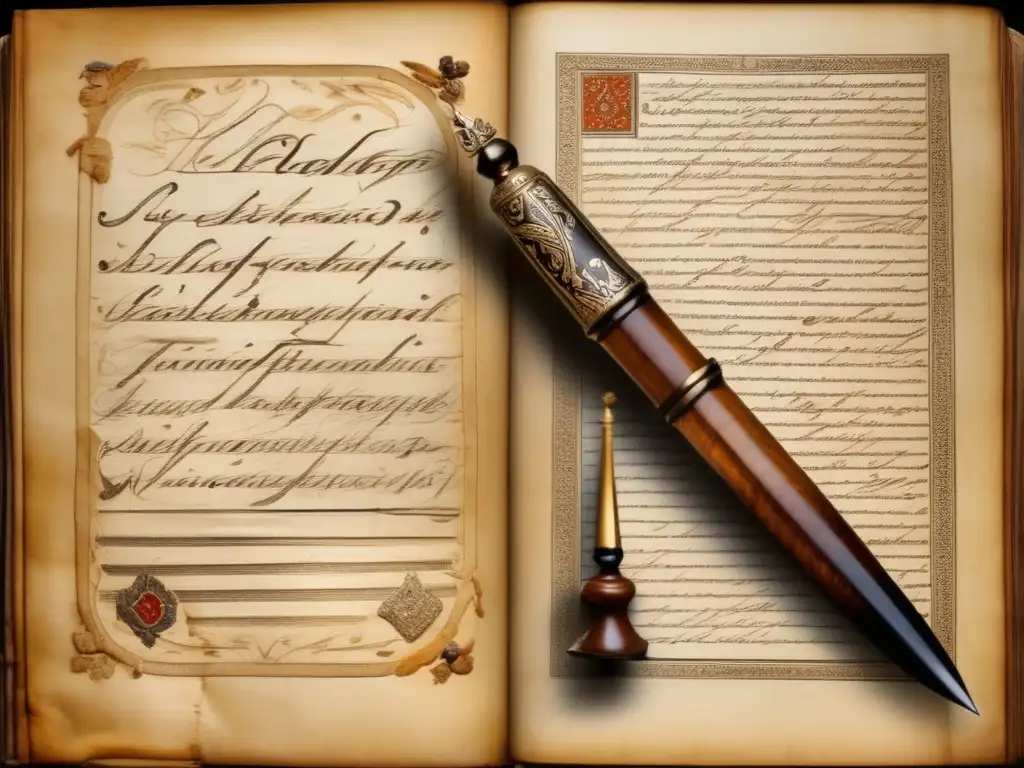 Una imagen detallada del manuscrito filosófico escrito a mano de Piotr Chaadaev, rodeado de instrumentos de escritura antiguos, evocando la atmósfera del siglo XIX en Rusia