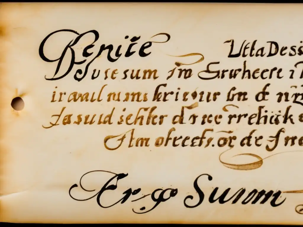 Una imagen detallada de los manuscritos de René Descartes, con la famosa frase 'Cogito, ergo sum' en elegante caligrafía sobre pergamino envejecido