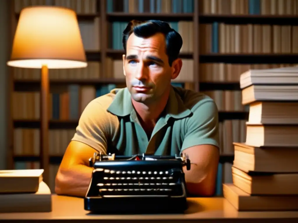 Una imagen detallada de Jack Kerouac en su máquina de escribir, rodeado de papeles y libros, con expresión contemplativa