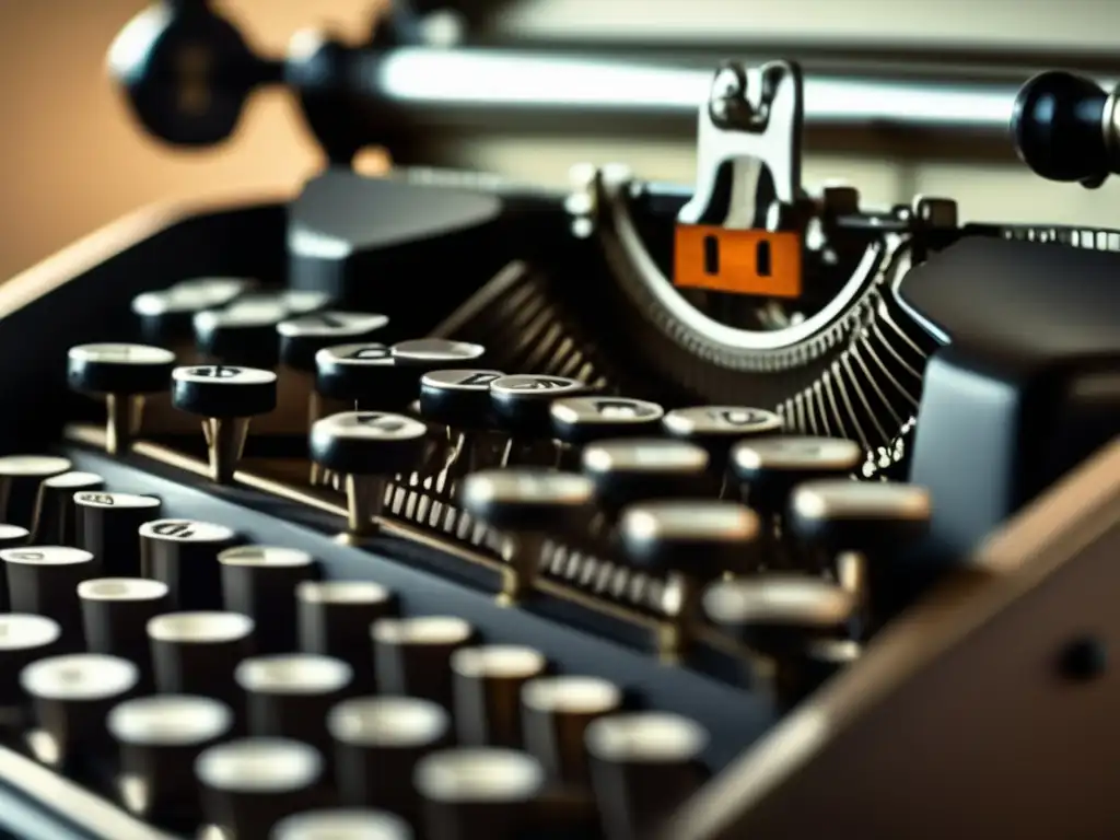 Una imagen detallada de una máquina de escribir vintage, con las teclas en foco y una iluminación suave que resalta la estética antigua