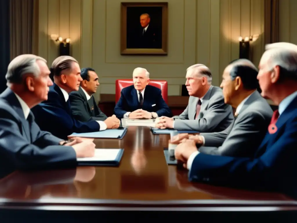 Una imagen detallada de George Marshall en una mesa de conferencias, rodeado de líderes mundiales, inmersos en una intensa discusión