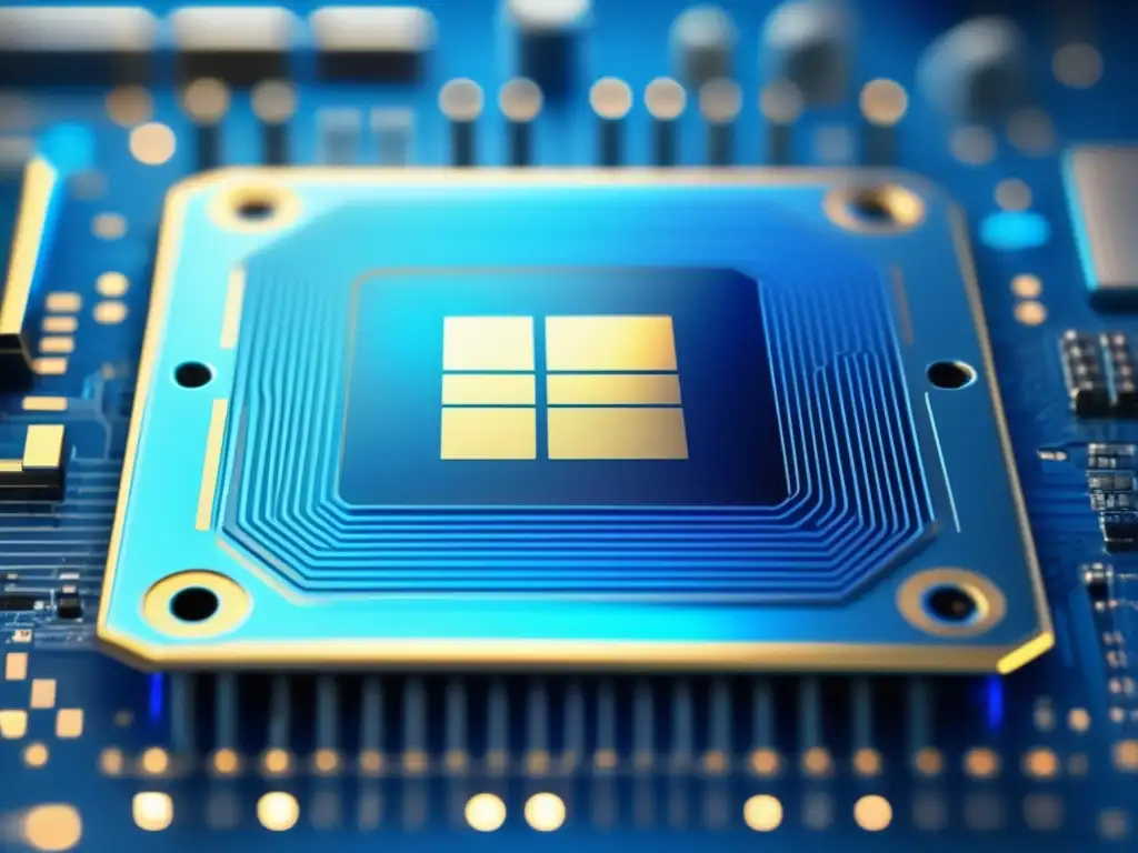 Una imagen detallada de un microchip de última generación, con circuitos intrincados y colores vibrantes azul eléctrico y plateado metálico