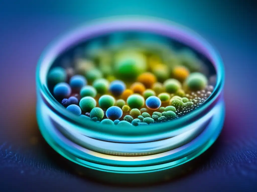 Una imagen detallada de un microscopio capturando una cultura bacteriana con colores vibrantes