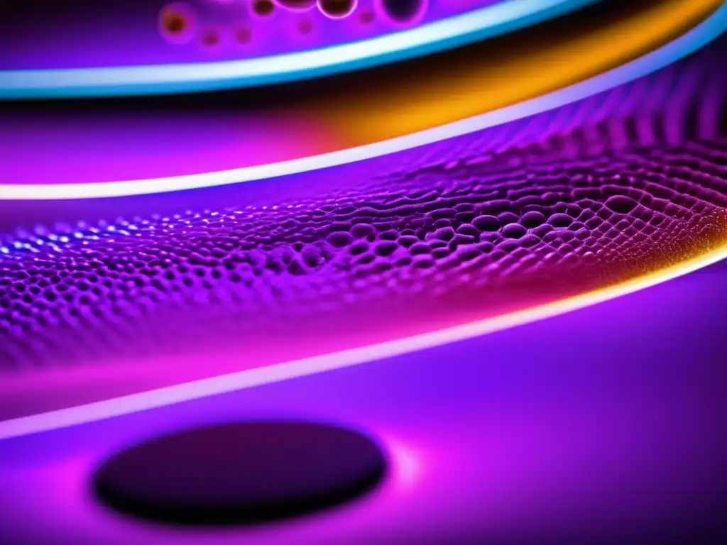 Una imagen detallada de un microscopio de laboratorio iluminando una muestra de tejido teñido de color púrpura