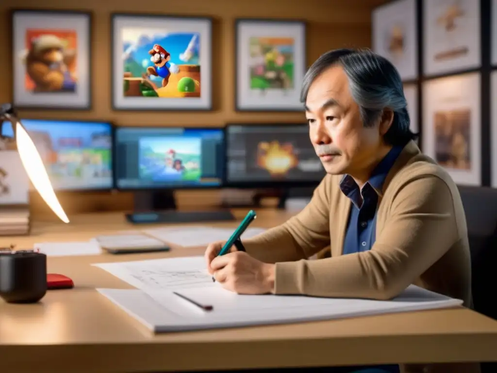 Una imagen 8k detallada de Shigeru Miyamoto en su oficina de Nintendo, rodeado de bocetos e iluminado por una cálida luz