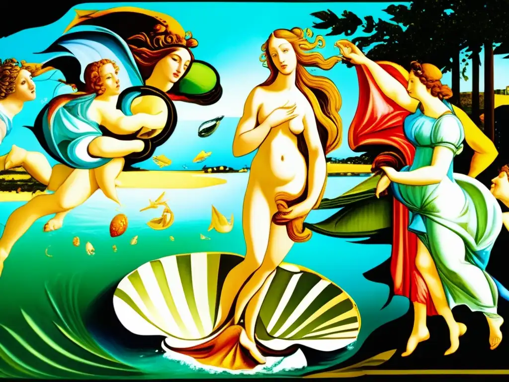 Una imagen detallada de 'El nacimiento de Venus' de Sandro Botticelli, capturando la belleza etérea de Venus emergiendo del mar
