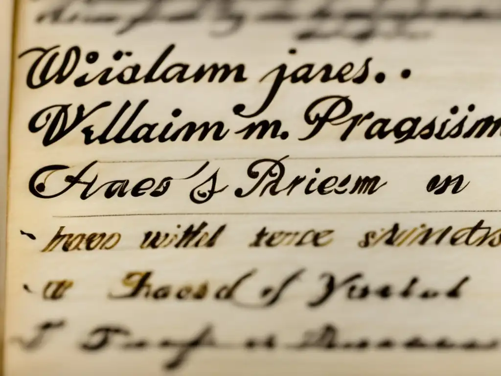 Una imagen detallada muestra las notas manuscritas de William James sobre el pragmatismo, con su escritura cursiva distintiva y anotaciones visibles