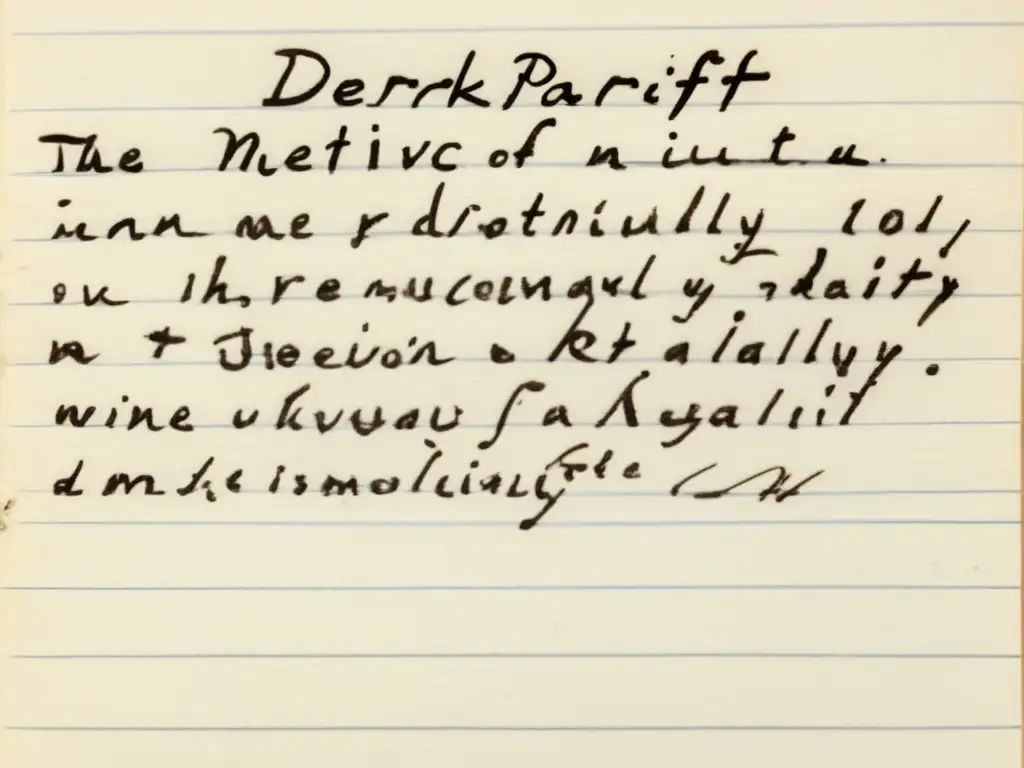 Una imagen detallada de las notas manuscritas de Derek Parfit sobre identidad personal y racionalidad, con anotaciones y subrayados visibles, junto a gafas de lectura y una pluma estilográfica, iluminada con luz natural cálida y con una estantería de libros filosóficos de fondo