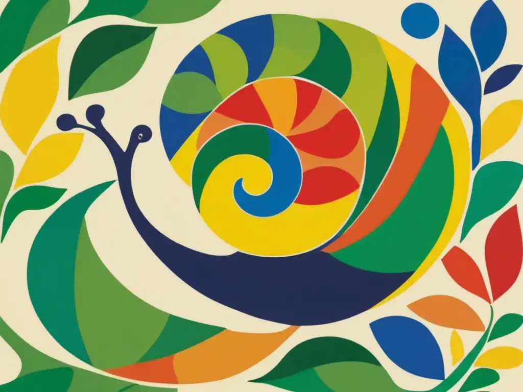 Una imagen detallada de la obra de arte en papel recortado 'The Snail' de Henri Matisse, con formas dinámicas y colores vibrantes