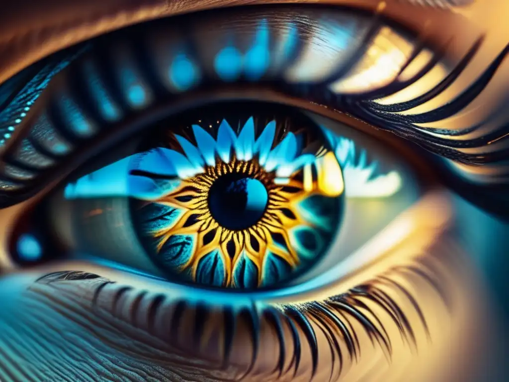 Una imagen detallada del ojo humano, con un patrón intrincado en el iris y reflejos de luz, simbolizando la introspección y la complejidad humana