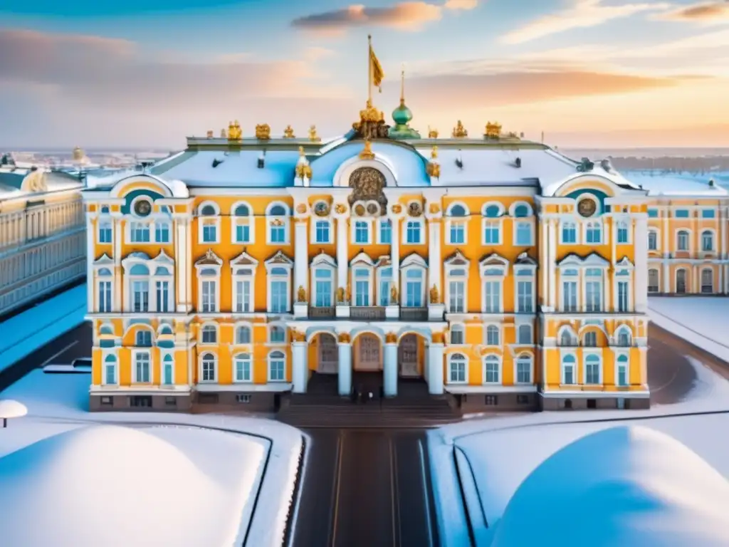 Una imagen detallada del opulento Palacio de Invierno en San Petersburgo, con la fachada, el río Neva y las estatuas que muestran la grandeza de los Grandes Duques y Duquesas de Rusia