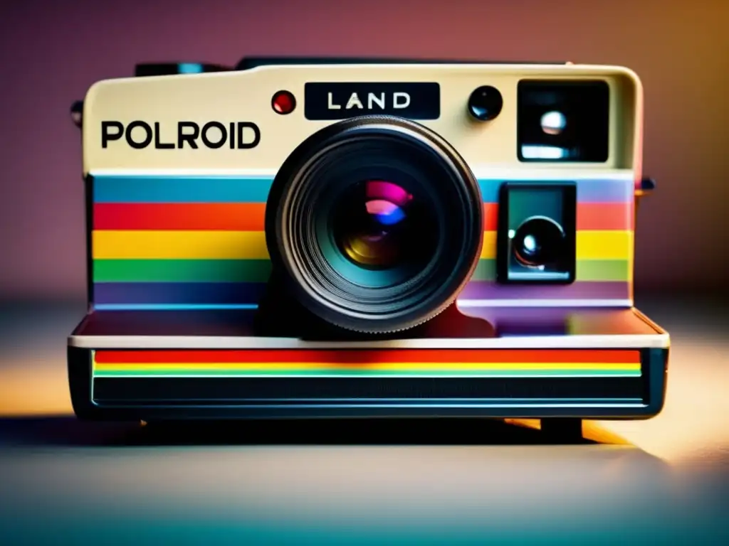 Una imagen detallada de la original cámara Polaroid Land, con su diseño retro moderno y la icónica franja arcoíris