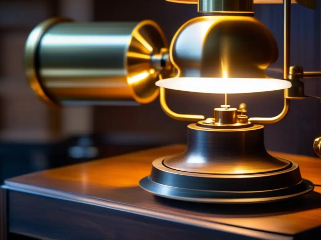 Una imagen detallada de la fonógrafo original de Thomas Edison, iluminada por una cálida bombilla vintage