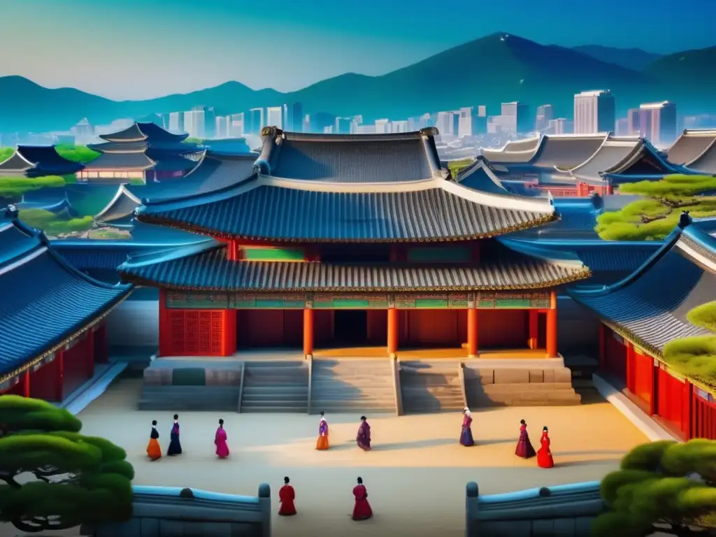 Una imagen detallada de un palacio tradicional de la dinastía Joseon, con una mezcla de arquitectura antigua y moderna