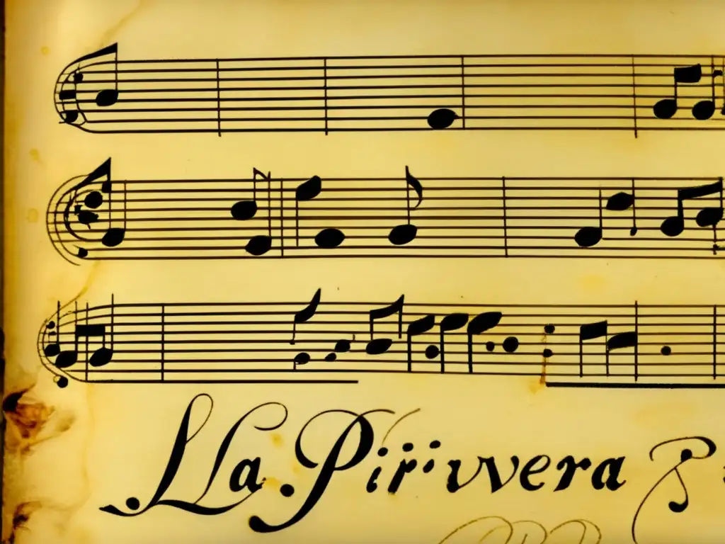 Una imagen detallada de la partitura manuscrita de Antonio Vivaldi para 'La Primavera', mostrando la historia y la belleza de su legado musical