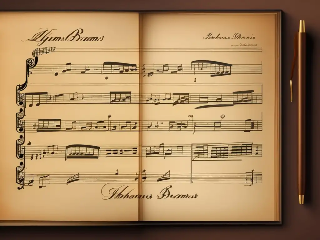 Una imagen detallada de las partituras manuscritas de Johannes Brahms, con su firma destacada