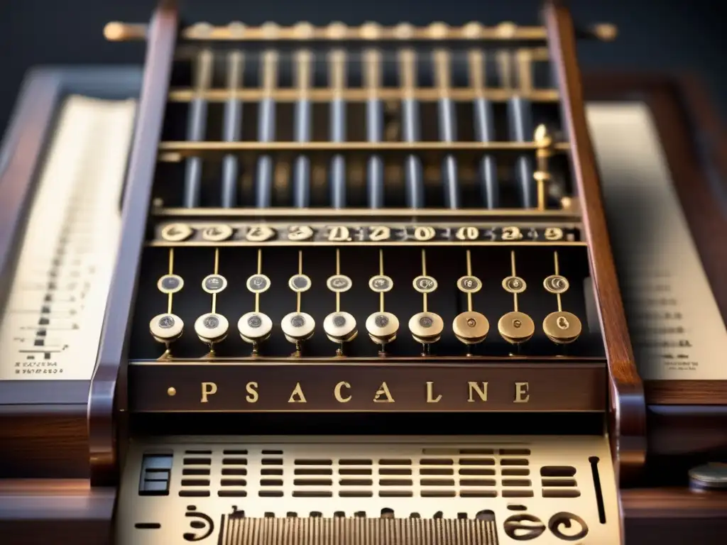 Una imagen detallada de la Pascalina, la primera calculadora de Blaise Pascal, resalta sus intrincados engranajes y mecanismos en un entorno moderno con iluminación dramática, mostrando su importancia histórica e innovación tecnológica