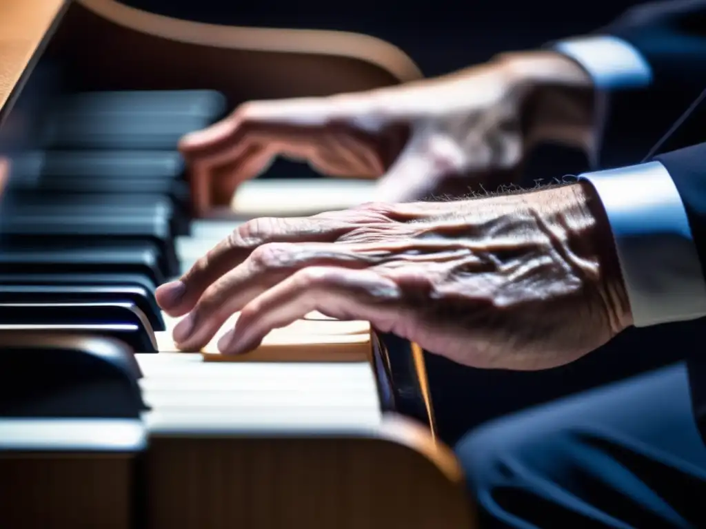 Una imagen detallada de Steve Reich tocando un piano minimalista, mostrando su enfoque y precisión