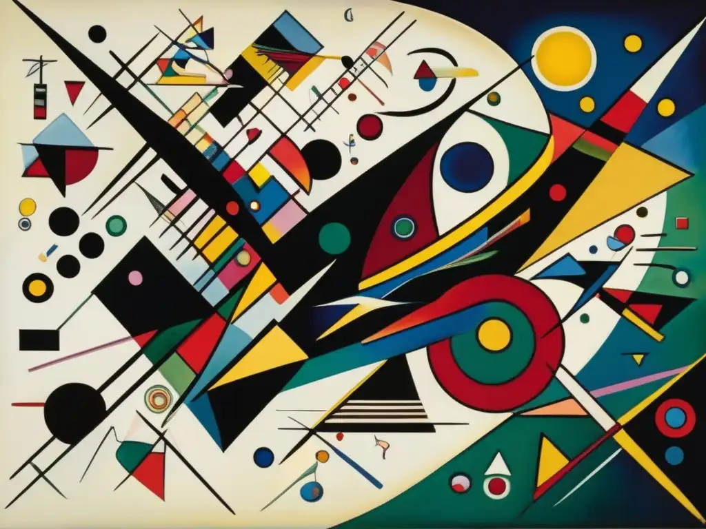 Una imagen detallada de la pintura 'Composición VIII' de Wassily Kandinsky, con abstracciones geométricas en colores vibrantes y contrastantes, líneas y formas dinámicas que irradian movimiento y emoción, capturando la influencia de Kandinsky en arte abstracto