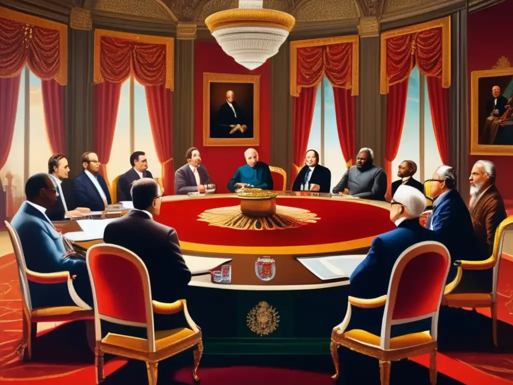 Conversación diplomática: historia y tensión en la mesa redonda En la imagen se representa una detallada pintura de una discusión en una mesa redonda entre líderes históricos de las relaciones internacionales postcoloniales