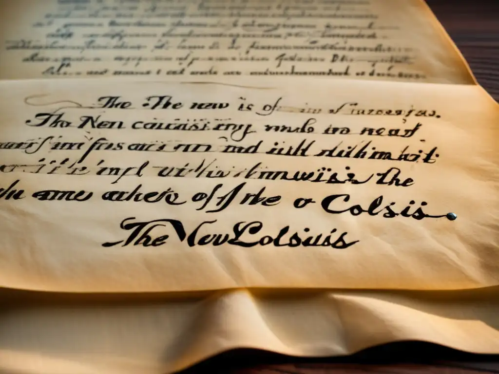 Una imagen detallada del poema manuscrito de Emma Lazarus 'The New Colossus' en pergamino envejecido, con caligrafía intrincada e tinta desvanecida, iluminada por una suave luz cálida, sobre un escritorio de madera oscura con pluma y tintero vintage