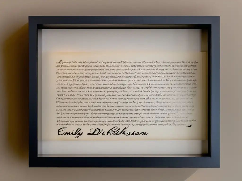 Una imagen detallada de la poesía manuscrita de Emily Dickinson en una galería de arte moderno