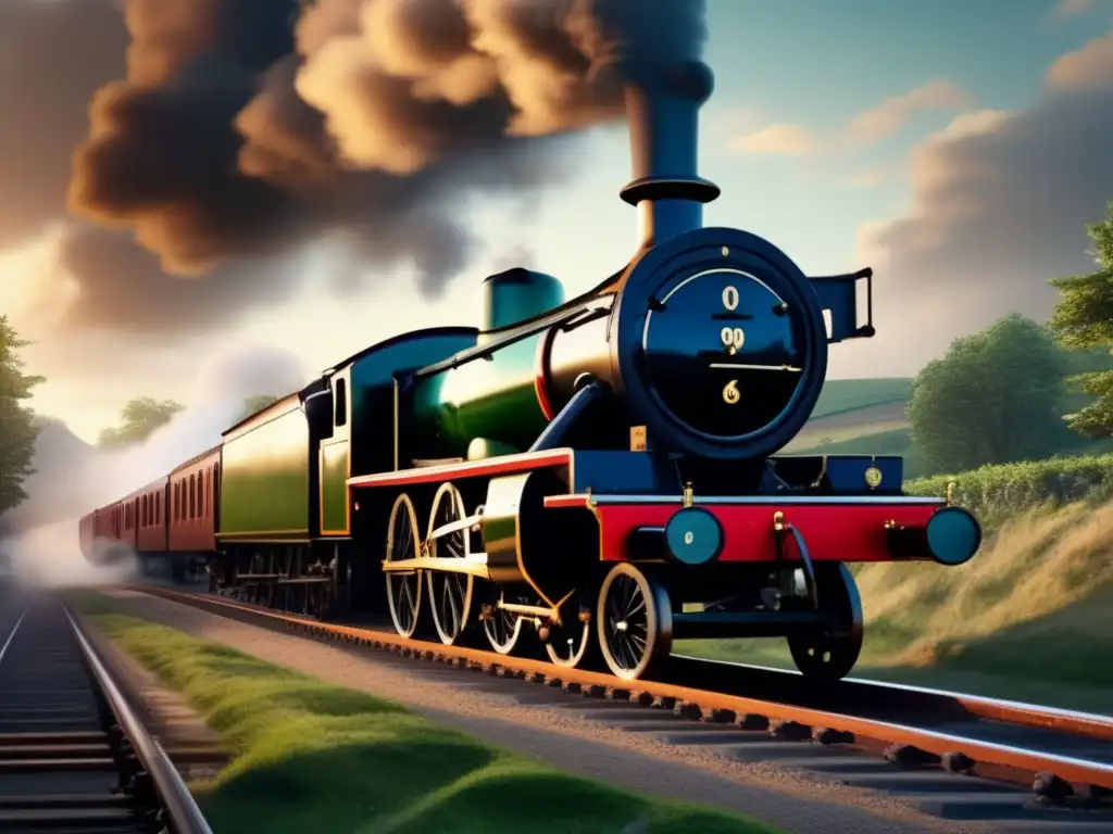 Una imagen detallada en 8k del primer locomotora de vapor de alta presión de Richard Trevithick, mostrando la maquinaria intrincada, el vapor que se eleva y la potente locomotora en acción en una histórica vía férrea