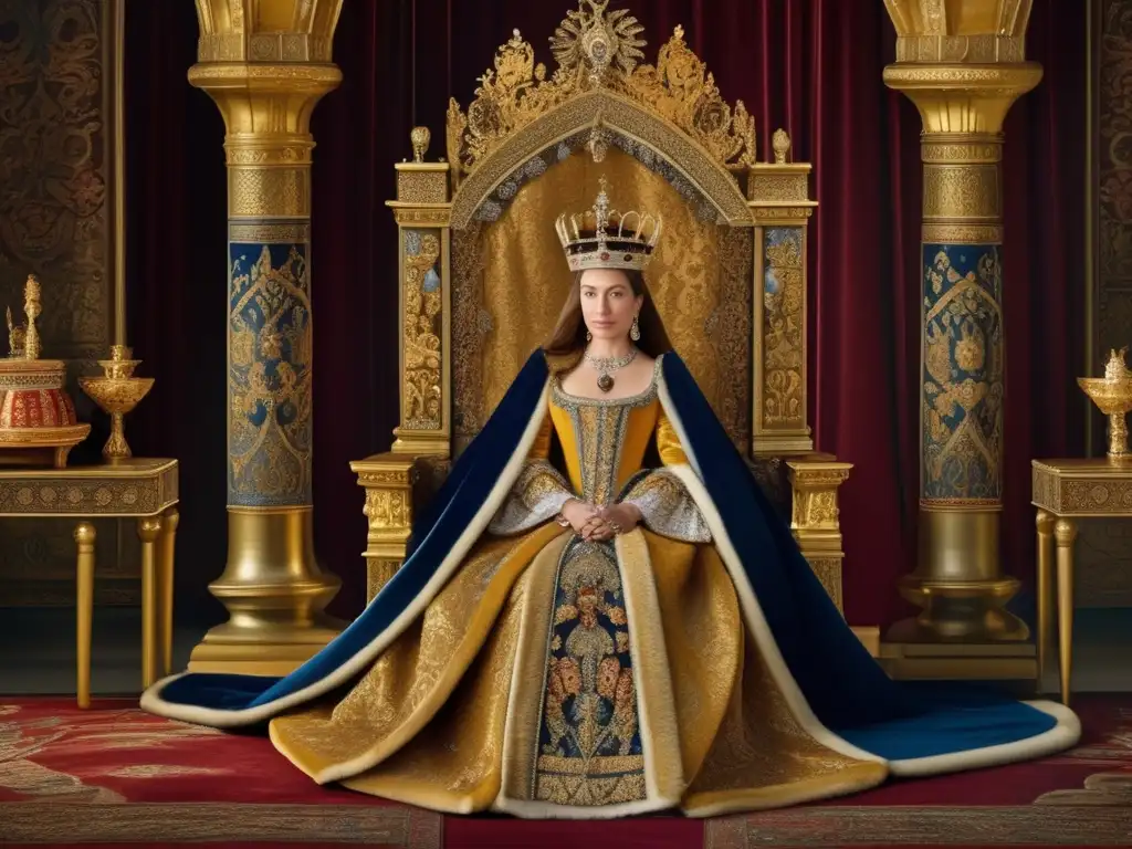 Una imagen detallada de la Reina Isabel I de Castilla en su trono, con una expresión digna