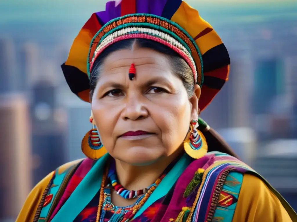 Una imagen detallada de Rigoberta Menchú, vistiendo traje indígena frente a la ciudad