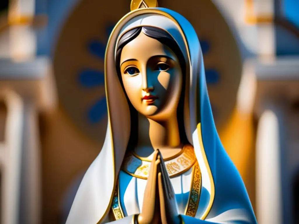 Una imagen detallada de la icónica estatua de Nuestra Señora de Fátima, bañada en suave luz solar, con detalles intrincados de su expresión facial, túnicas fluidas y rasgos delicados