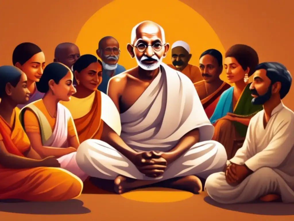 Una imagen detallada de Mahatma Gandhi sentado en posición cruzada, rodeado de personas diversas de distintos orígenes y culturas