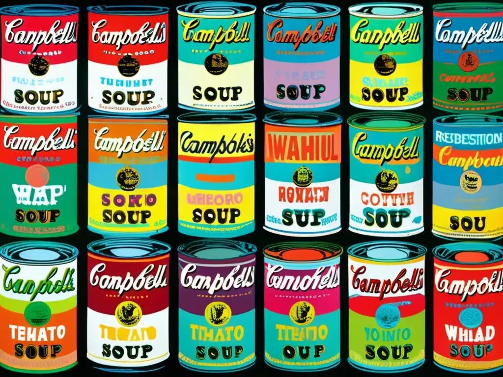 Una imagen detallada de la serie 'Campbell's Soup Cans' de Andy Warhol, con colores vibrantes y etiquetas intrincadas